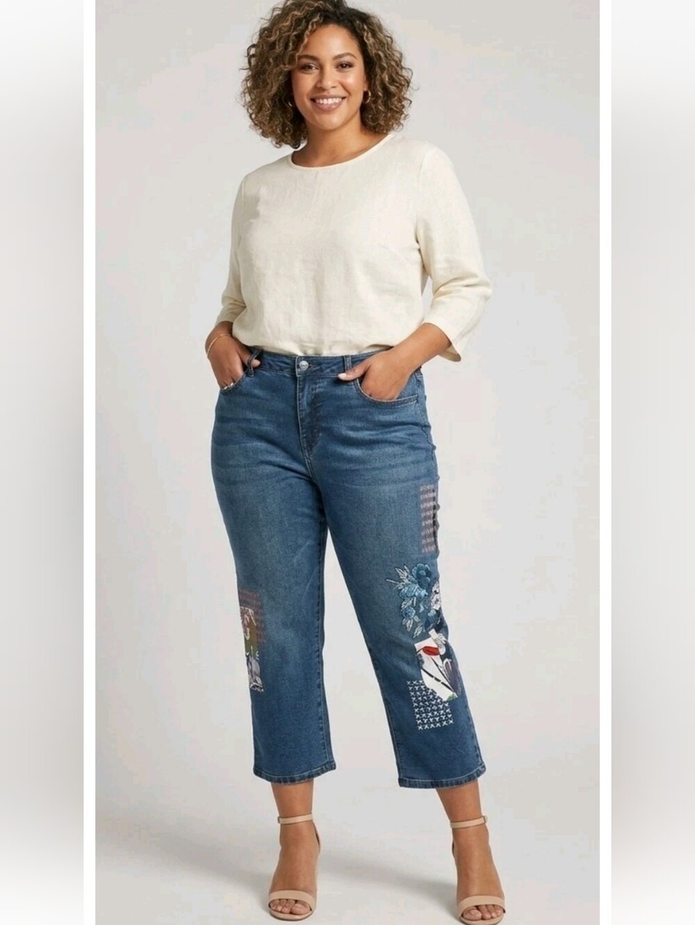 DG2 Diane Gilman Cropped Jeans Embroidered Patchwork Capris Boho Cottagecore 24